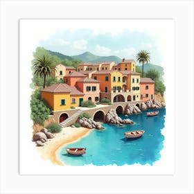 Spanish Coastal Village With Watercolor Details Of Colorful Houses And Boats Art Print