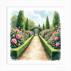 French Garden With Watercolor Blooming Roses And Elegant Pathways 1 Art Print