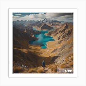 looking over the mountains at a lake Art Print