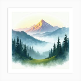 Whimsical Watercolor Mountain View With Magical Fog 1 Art Print