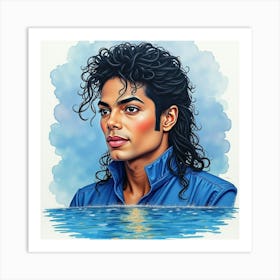 Watercolor Painting Of Michael Jackson With A Sparkling Lake 1 Art Print