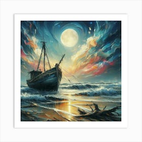 Discover the Mystique: Forgotten Fishing Boat in Moonlit Waves - Greg Rutkowski's Masterpiece in Oil Painting with Bold Strokes and Intricate Details. Art Print