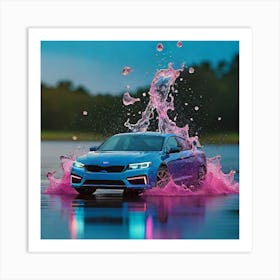 Blue Car Splashing Water Art Print