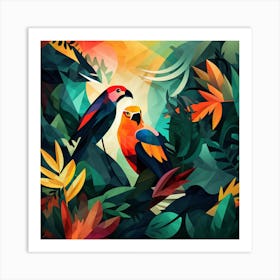 Colorful Parrots In The Jungle Art Print