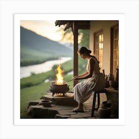 Woman Cooking On A Stove Art Print