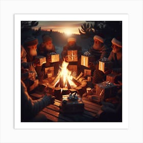 Christmas Party Around The Campfire Art Print