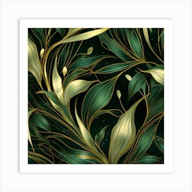 Gold Leaves On A Black Background 1 Art Print