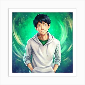 Cartoon Illustration Of A Young Man With A White Hoodie Art Print