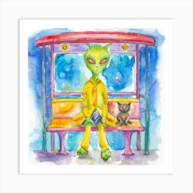 Watercolor Illustration Of A Yellow Alien With Cat Eyes Sitting Inside A Bus Stop Designed With Whi Art Print