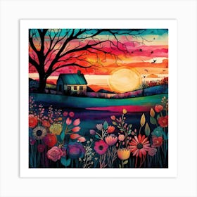 Watercolor Folk Art Sunset #2 Art Print