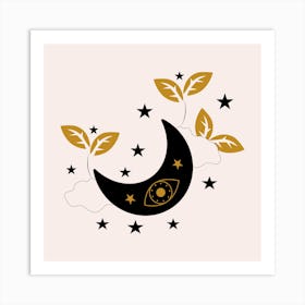 Moon Eyes Stars Clouds And Plants Square Art Print