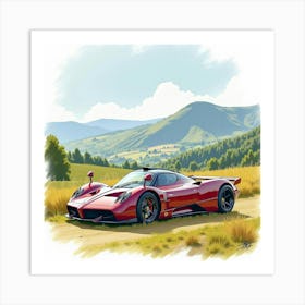 Pagani Zonda Hp Barchetta In A Stunning Watercolor Highland Scene, No Logo Or Signature 1 Art Print