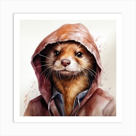 Watercolour Cartoon Weasel In A Hoodie Art Print