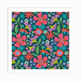 POP FLORAL Bright Retro Flowers in Fuchsia Hot Pink Coral Red Purple Orange Turquoise Gray Blue on Dark Blue Art Print