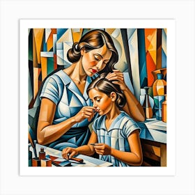 Woman Combing Child's Hair Art Print