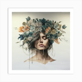 Woman With Flowers On Her Head Art Print