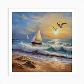 Oil painting design on canvas. Sandy beach rocks. Waves. Sailboat. Seagulls. The sun before sunset.2 Art Print