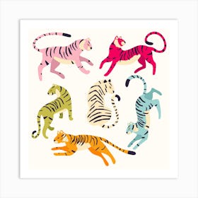 Colorful Tigers On White Square Art Print