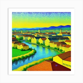 A Canvas of Tradition: The Rustic Village Scene City By The River Art Print