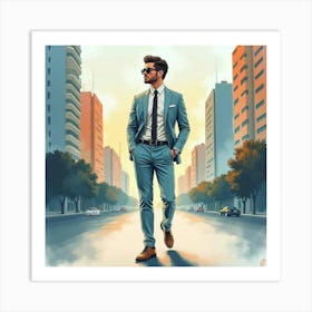 Stylish Man In Watercolor Suit, Dreamy Cityscape Scene 1 Art Print