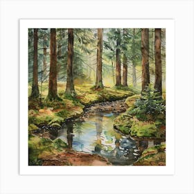 Peaceful Forest Watercolor Collection Painting | Trees and Stream Idyllic Nostalgic Living Americana Art Print