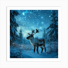 Baby Reindeer With Soft Fur Nestled In Starry Winter Meadow Clear View Of Milky Way Delicate Snow Art Print