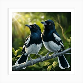 Curious Companions: Magpies in a Sunlit Forest - A Vivid Digital Illustration 1 Art Print