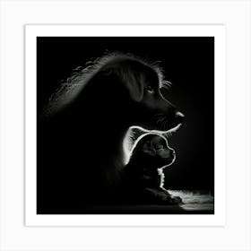 Silhouette Of Dog And Puppy Art Print