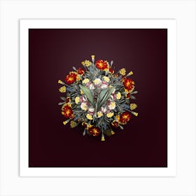 Vintage Peliosanthes Teta Flower Wreath on Wine Red n.2553 Art Print