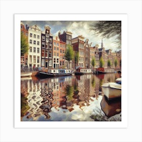 Amsterdam Canals - A canal scene in Amsterdam, but the houses and boats are not reflected in the water in a normal way. Instead, they are reflected in a distorted and fractured way, creating a sense of illusion and fantasy. The scene is rendered in a realistic, painterly style. Art Print