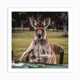 A Kangaroo Smoking Sitting At A Poker Table Outside Art Print