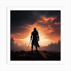 Elder Scrolls, A Silhouette Of A Warrior Standing Tall On A Battlefield With A Serene Background Signifying Inner Art Print