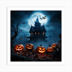 A Fiercely Blazing Haunted House Banner Devilishly Shadowed And Skittish Across The Eerie Pattern O (5) Art Print