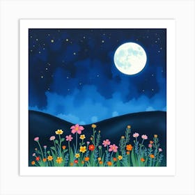 Moon And Flowers 2 Art Print