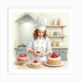 Watercolor Of A French Pastry Chef Decorating Elegant Cakes In A Kitchen 1 Art Print