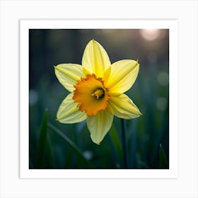 A Radiant Daffodil With Petals Of Cascading, Neon Light Blooming In A Dreamlike Meadow Art Print