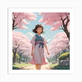 Girl Walking Through Cherry Blossoms Art Print