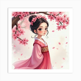 Young Queen Amid Watercolor Cherry Blossoms In Full Bloom Art Print