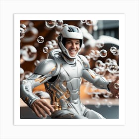 3d Dslr Photography, Model Shot, Man From The Future Smiling Chasing Bubbles Wearing Futuristic Suit Designed By Apple, Digital Helmet, Sport S Car In Background, Beautiful Detailed Eyes, Professional Award W (4) Art Print