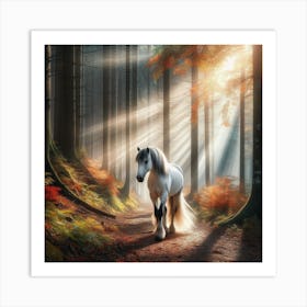 White Horse with a bushy tail and black ears, Art Print