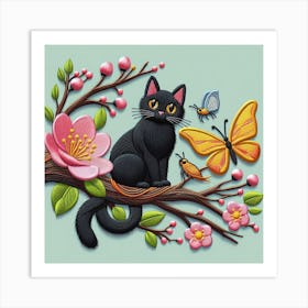 Black Cat With Butterflies Art Print