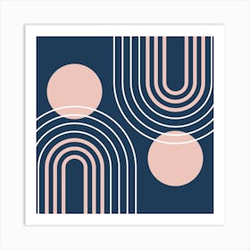 Mid Century Modern Geometric B32 In Navy Blue And Pastel Pink (Rainbow And Sun Abstract) 02 Art Print