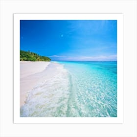 Crystal Clear Turquoise Waters Gently Lap Upon A Sun Drenched Undisturbed Sandy Beach With A Prist (1) Art Print