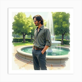 Watercolor Of Keanu Reeves In A Quiet Park With A Flowing Fountain Art Print