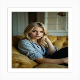 A Beautiful Blonde Girl Model On A Sofa 1 Art Print