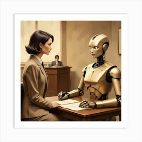 A Woman In A Business Suit Sitting Across From A Golden Robot In A Courtroom Setting Art Print