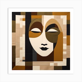 Patchwork Quilting Abstract Face Art with Earthly Tones, American folk quilting art, 1378 Art Print