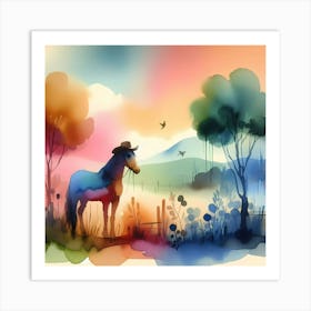 Watercolor Horse In The Field Art Print