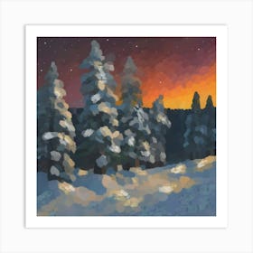 Winter forest and red sunset Art Print