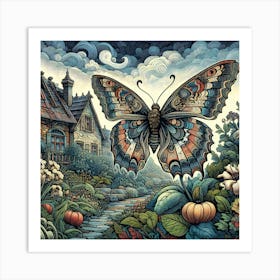 Woodcut Butterfly in Cottage Garden III Art Print